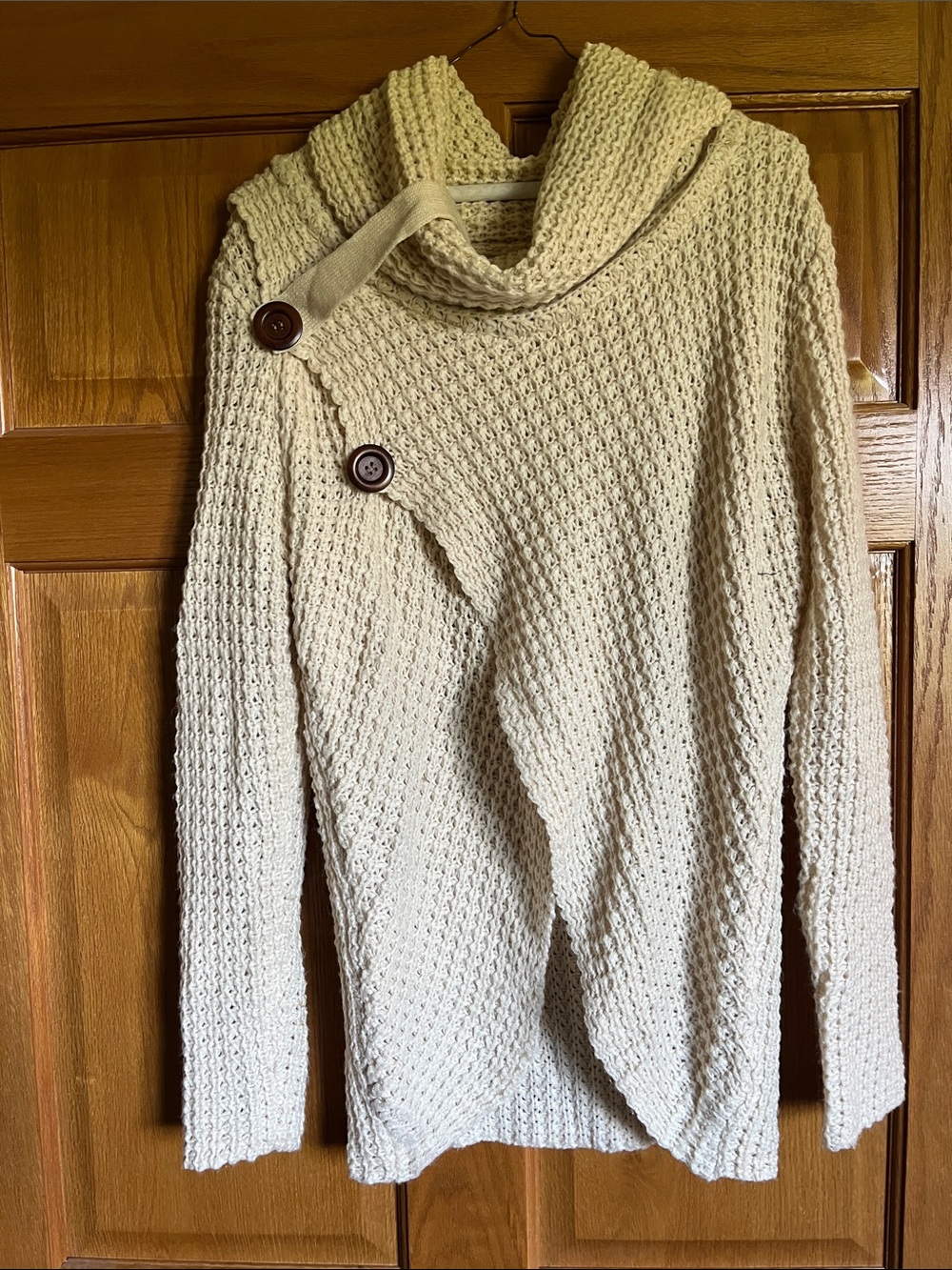 Miracle Cream Asymmetrical Cowl Neck Buttoned Knit Sweater